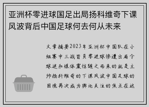 亚洲杯零进球国足出局扬科维奇下课风波背后中国足球何去何从未来